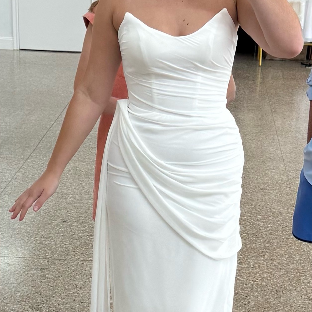 Strapless White Draped Evening Gown